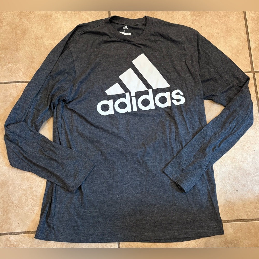 ADIDAS Gray and White Long Sleeve T Shirt, Size Large